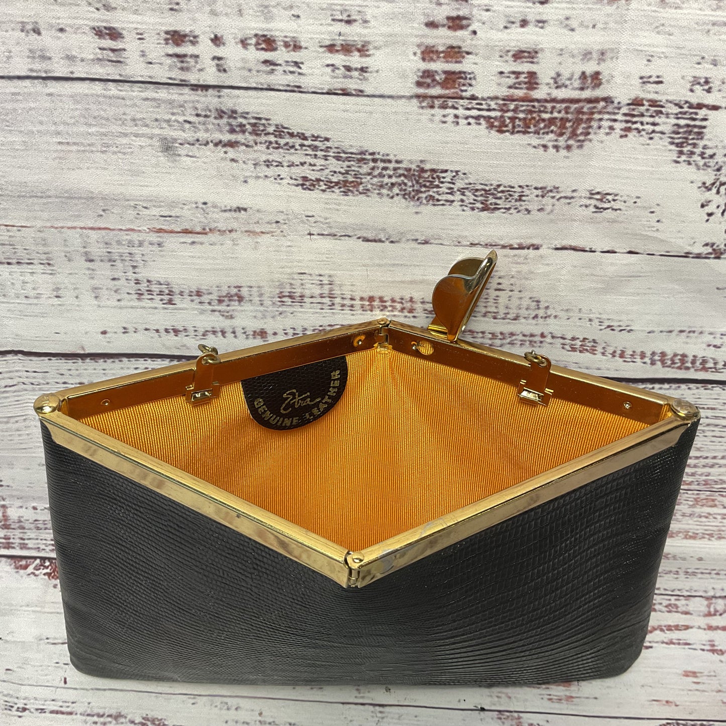 Etra Black Embossed Leather Folding Hinge Opening Clutch Gold Chain
