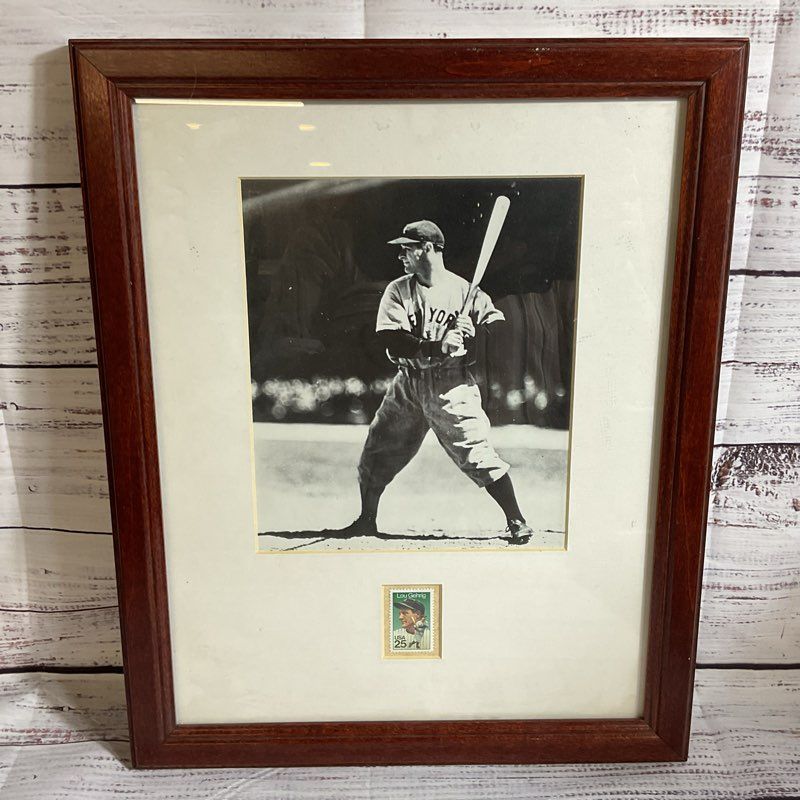 LOU GEHRIG Photograph and Stamp- FRAMED 16" X 12.5"