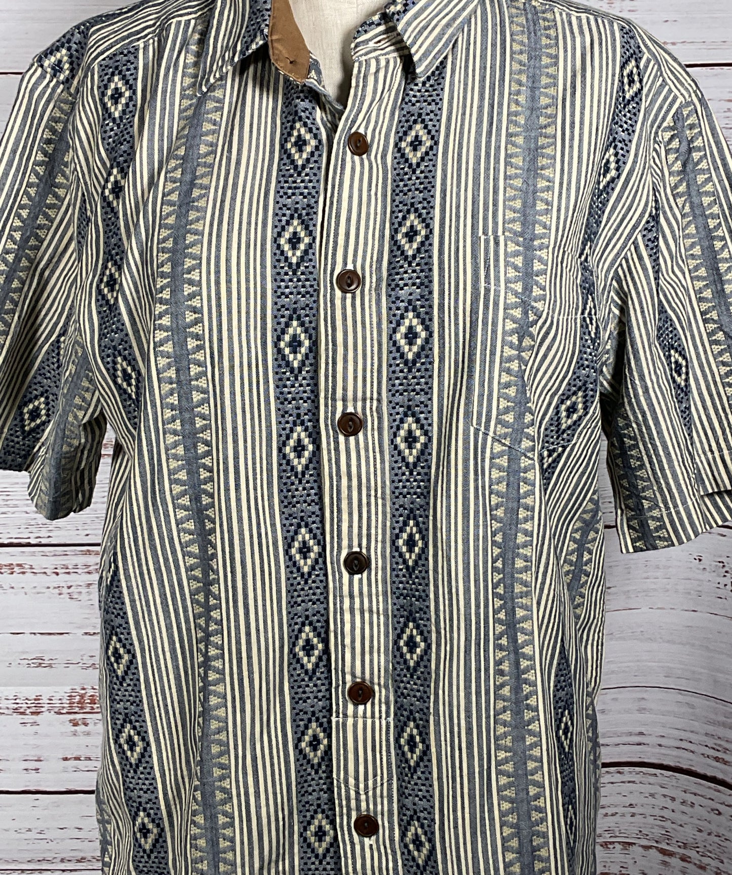 Frye Striped Ikat Button Down Short Sleeve Shirt Blue Multicolor XL