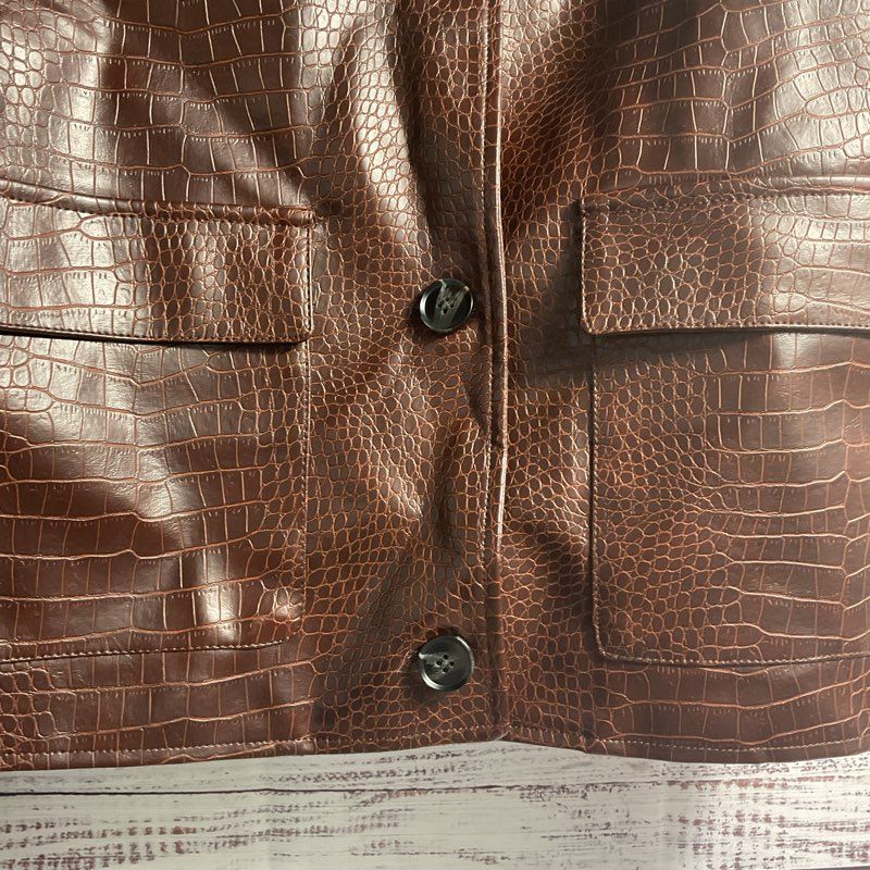 Jason Wu Brown Faux Leather Croc Embossed Cropped 2 Pocket Blazer Jacket Size M