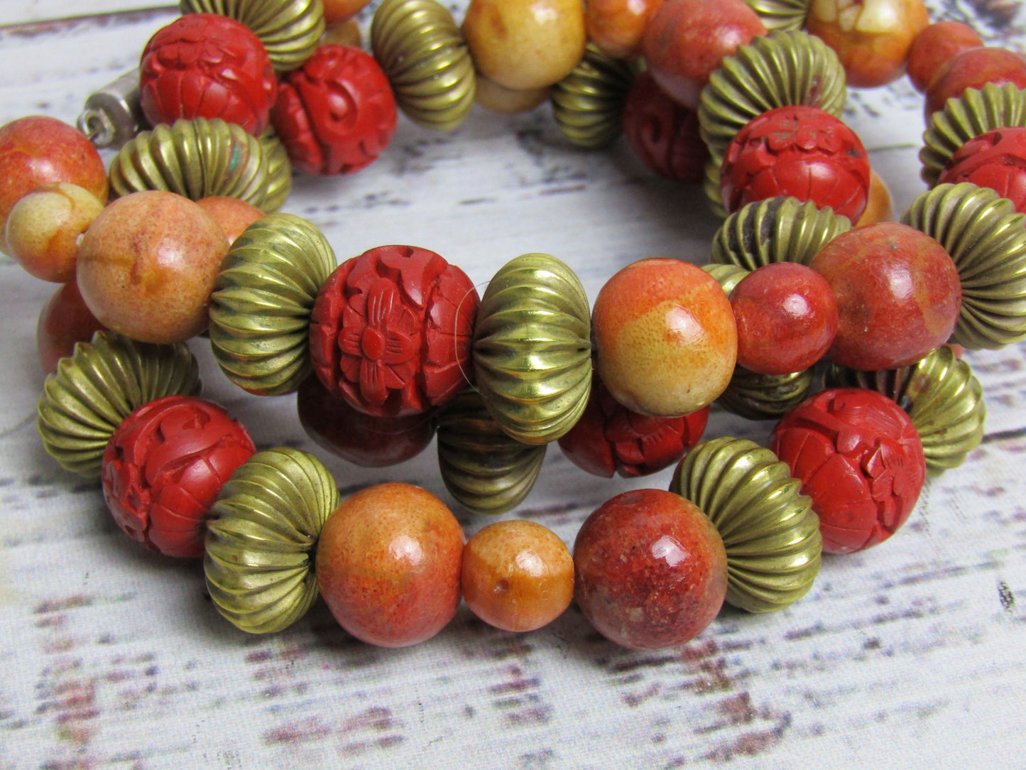 Artisan Handcrafted Apple Sponge Coral Floral Cinnabar Bead Necklace