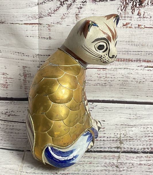 Vintage Tonala Mexican Ceramic Brass Sitting Cat Multicolor