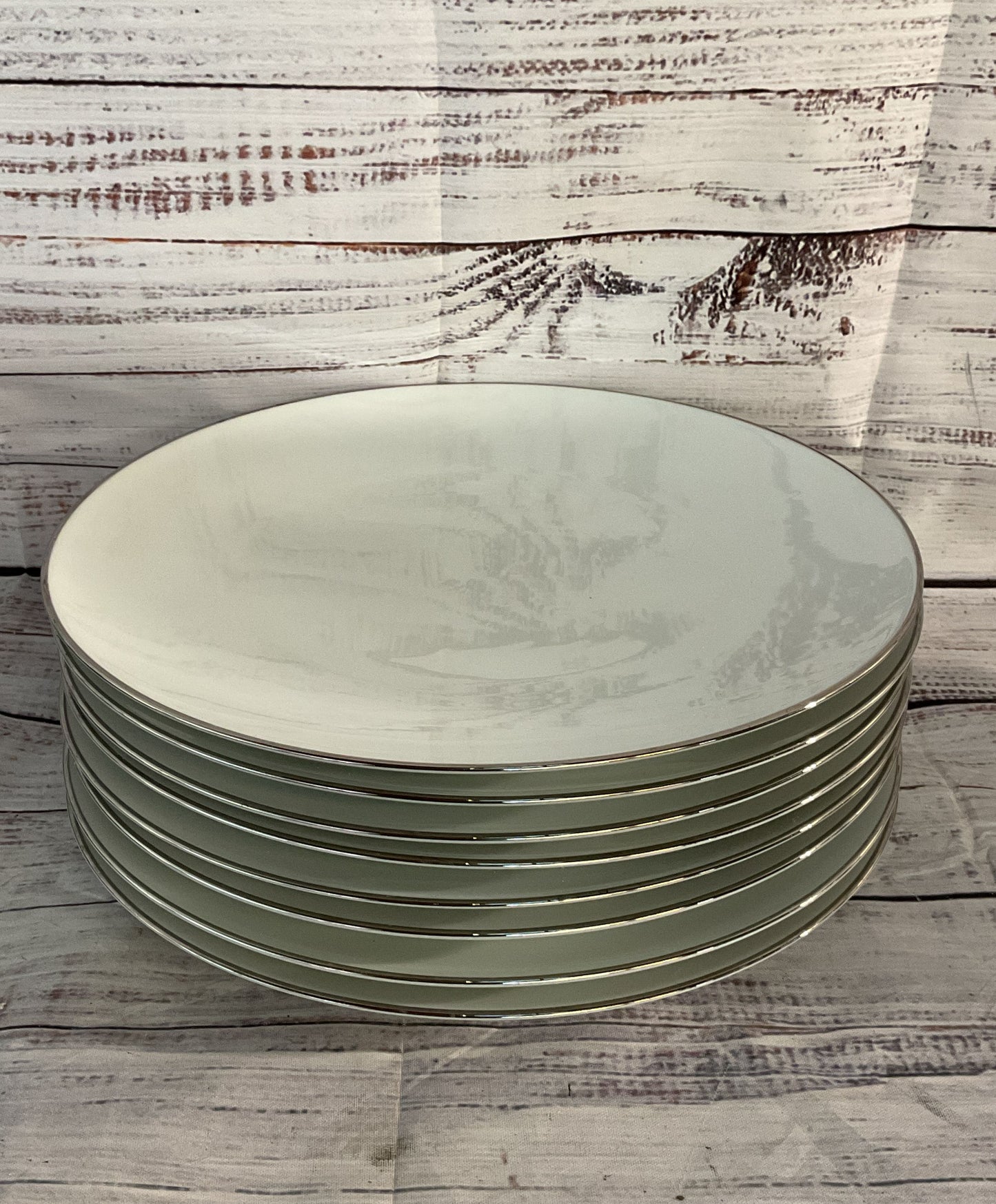Noritake Porcelain Platinum Trim Set of 8 Dinner Plates White