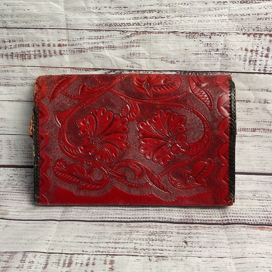 Vintage Red & Black Floral Leather Tri-Fold Clutch Purse *DAMAGED*