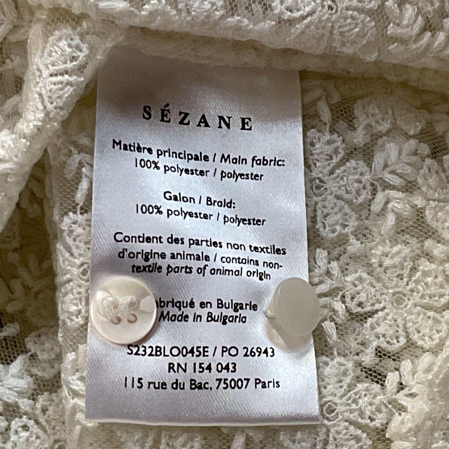 SEZANE Women's White Floral Lace Funnel Neck Long Sleeve Button-Up Blouse- SZ 34