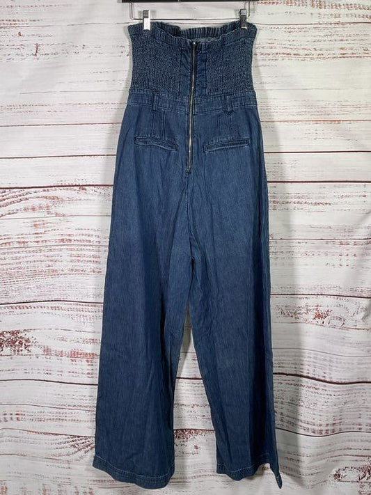 Pilcro Anthropologie Strapless Denim Wide Leg Jumpsuit Blue 8