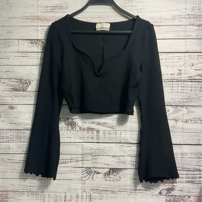 Alemais Black Vivien Sweetheart Neck Ribbed Long Sleeve Crop Blouse - Size 10