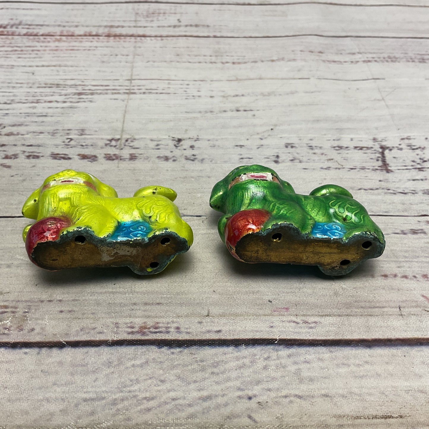 Vintage Cloisonne Green & Yellow Enamel Foo Dogs Pair of 2