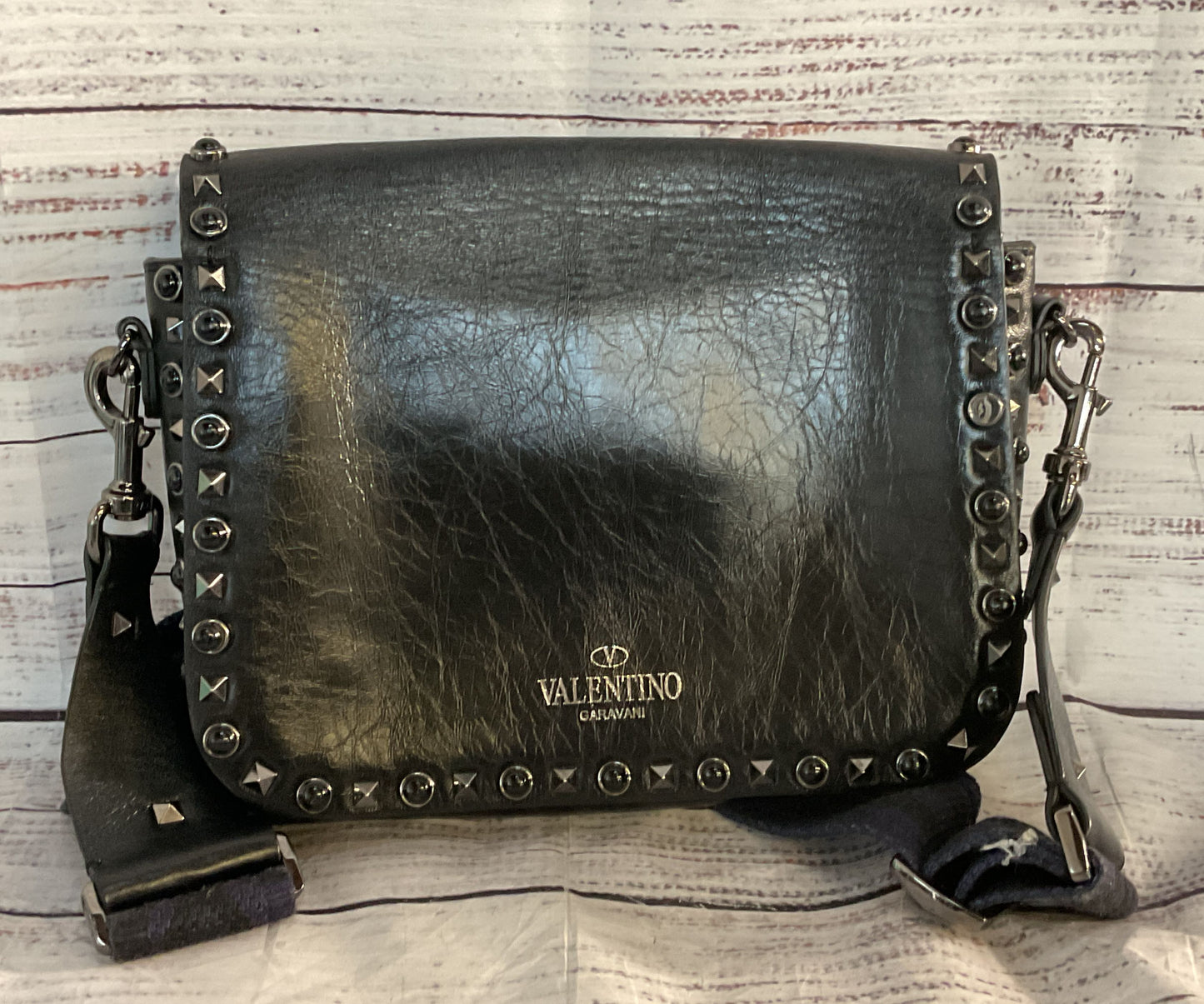 Valentino Leather Rolling Rockstud Guitar Strap Shoulder Crossbody Bag Black
