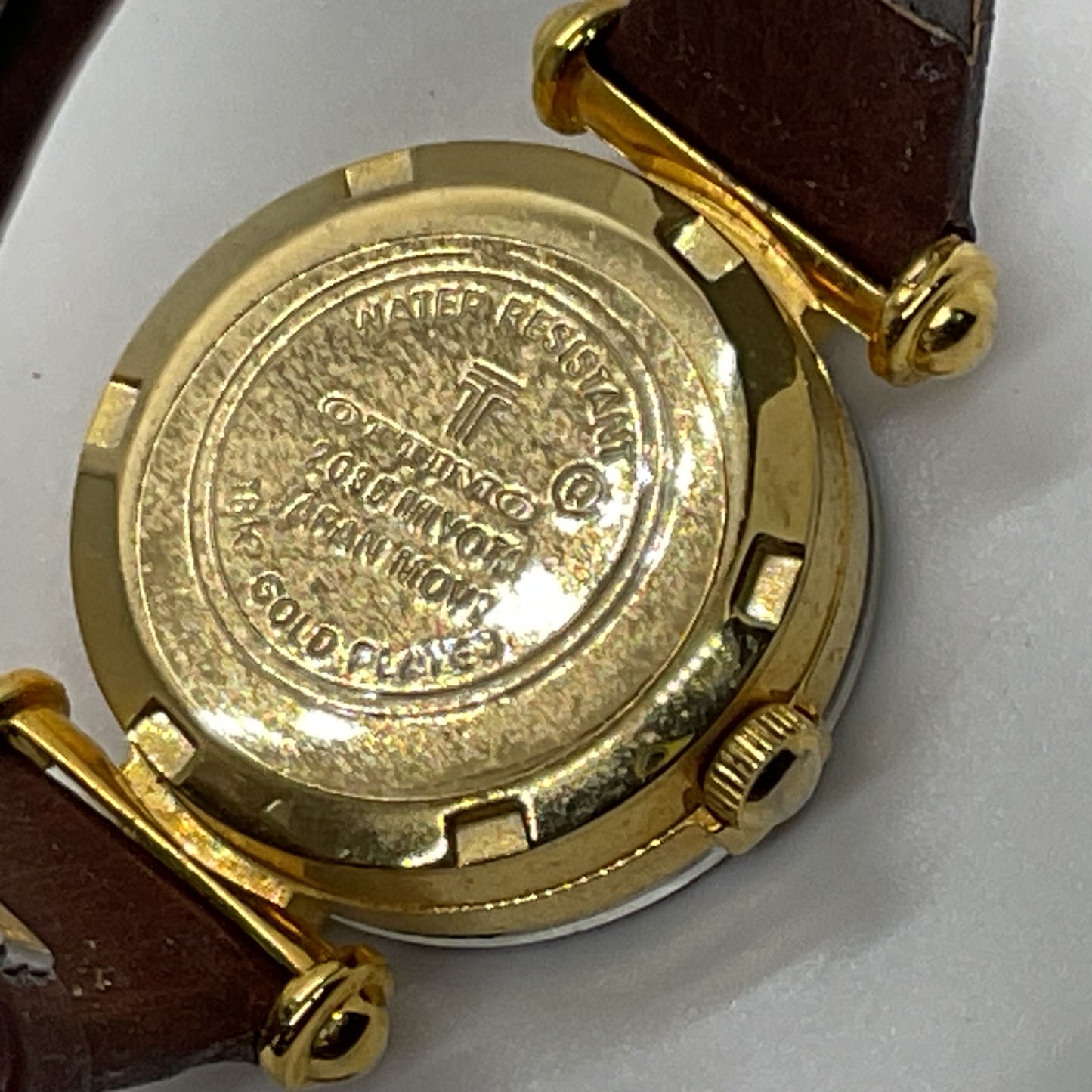 VTG. OTTIMO 18K Plated Ladies Watch with Brown Leather Band- NEEDS BATTERY