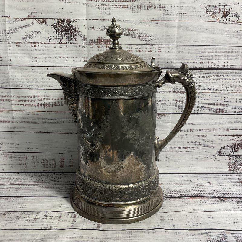 Meriden B Company Antique 1800s Silver Plate Floral 12" Stein Pitcher Damaged