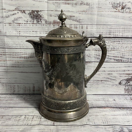 Meriden B Company Antique 1800s Silver Plate Floral 12" Stein Pitcher Damaged