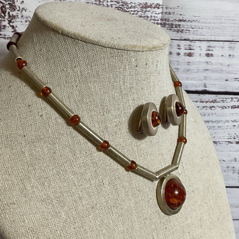 Sterling Silver Bar Beads & Cabochon Amber 16.5" Necklace and Earring Set- 48g