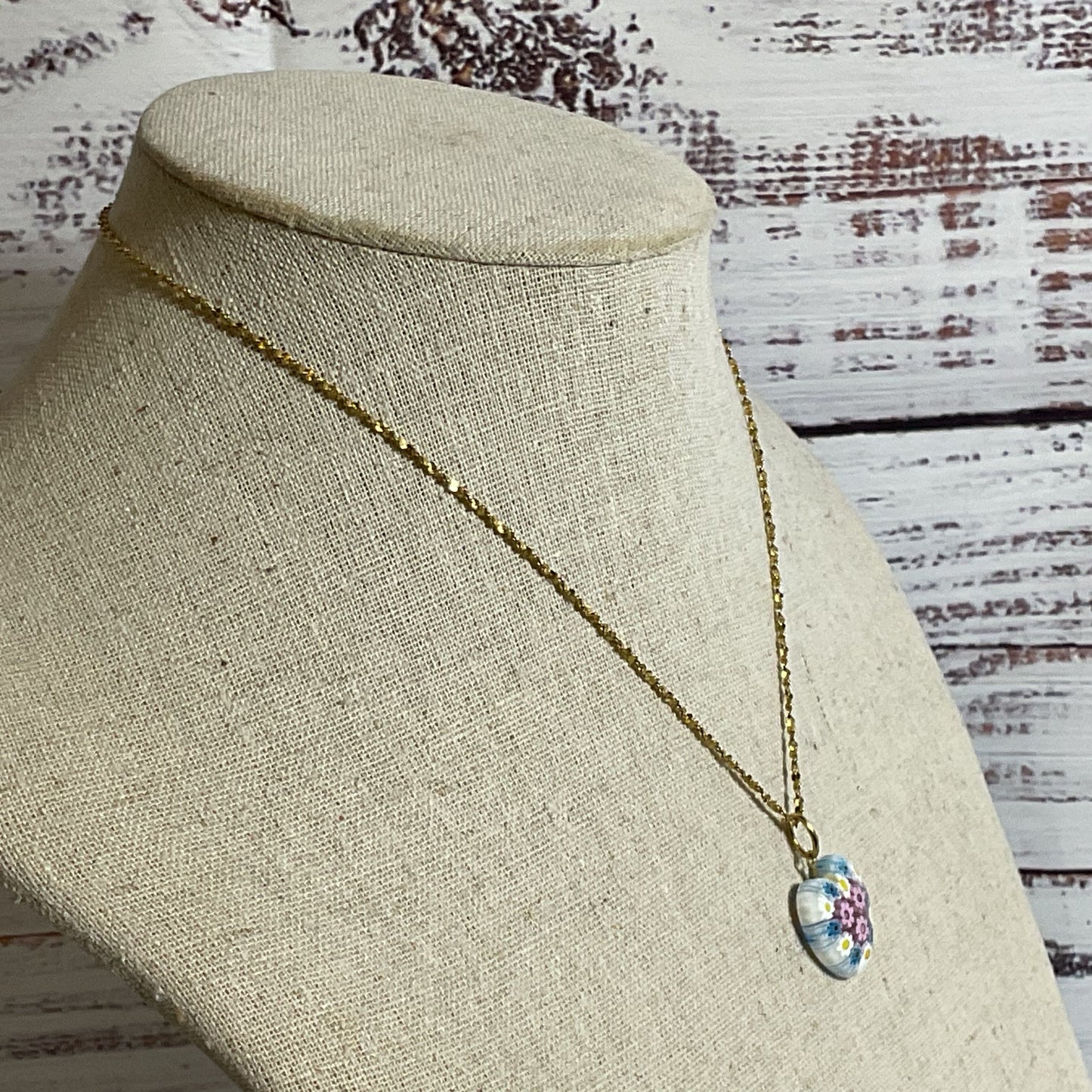 14K Yellow Gold & Millefiori Heart Pendant 16" Chain Necklace- 6.42g