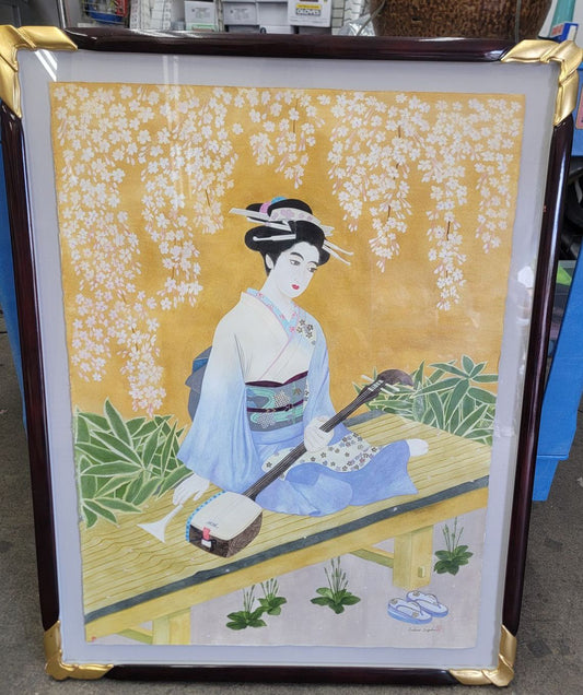 VTG./ANTIQUE Signed Japanese SATSUO SUZUKI Geisha Silk Painting- FRAME 27" X 35"