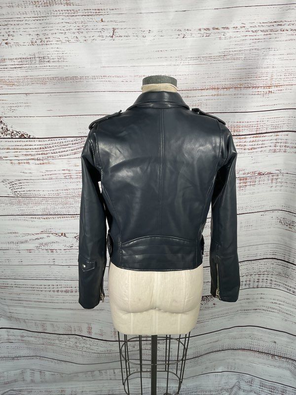 Women's Blank NYC Metallic Blue Biker Jacket Polyester - Size L