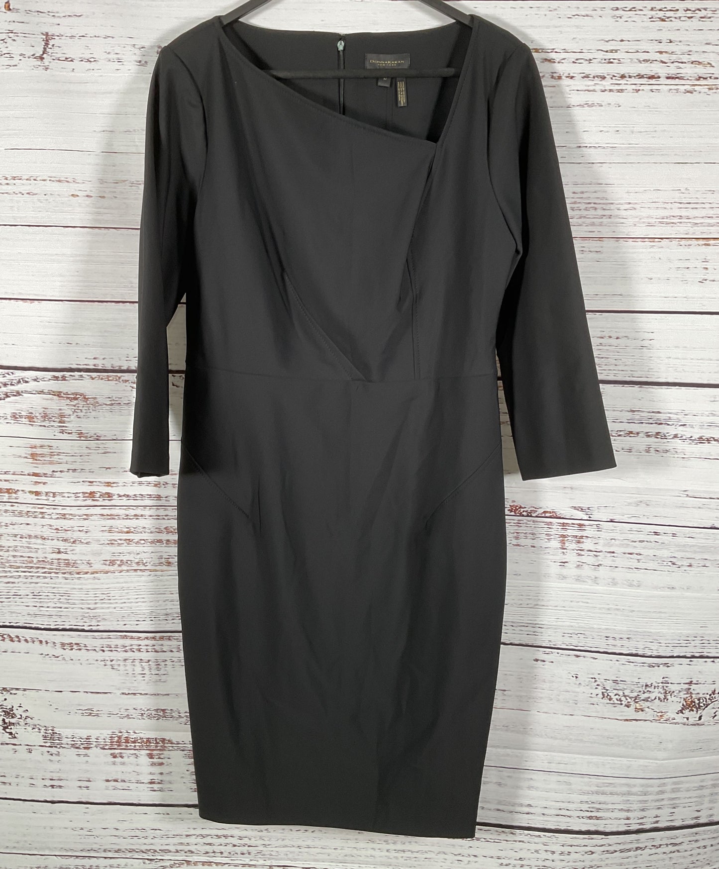 Donna Karan Women's Black Asymmetrical Neck 3/4 Sleeves Sheath Dress Size 10