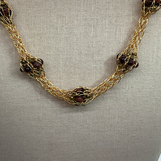 Gold Tone Wire Braided Caged Tiger Eye Beaded Clusters 22" Necklace