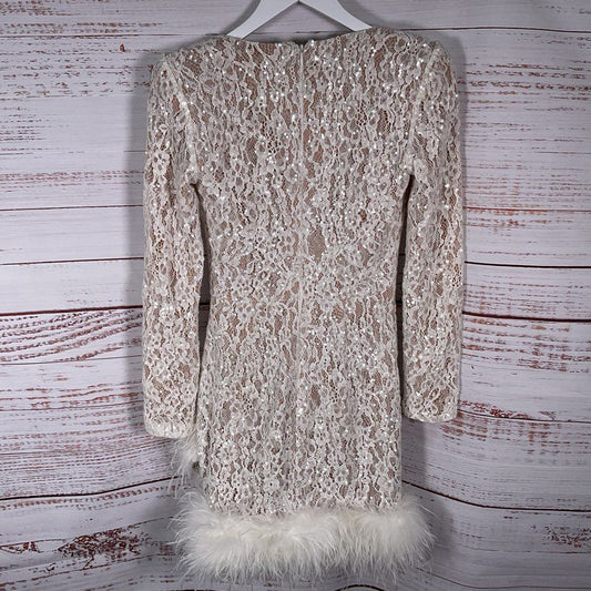 Nadine Merabi Carly White Sequin Feather Trim Long Sleeve Mini Dress - Size 4