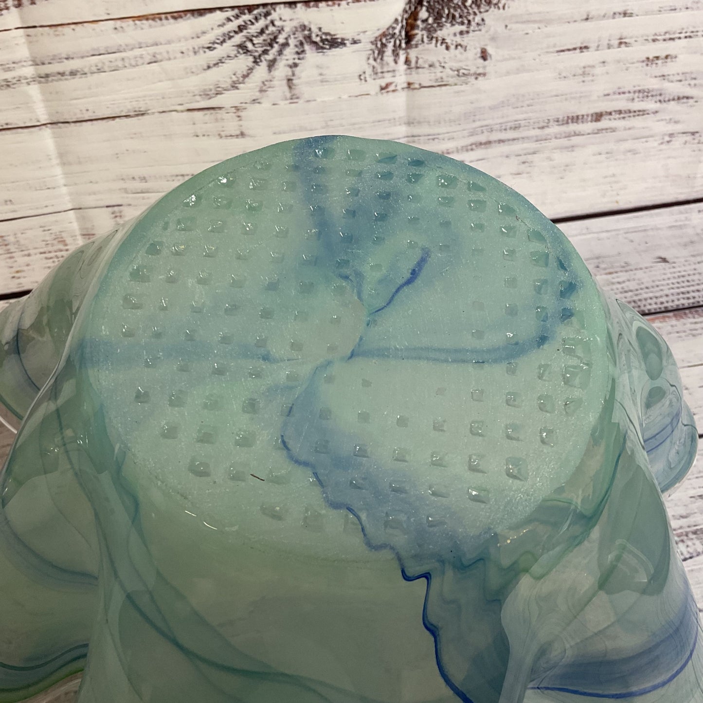 MURANO Style Handkerchief Blue Green Swirl Art Glass Bowl- 12" x 7.75"