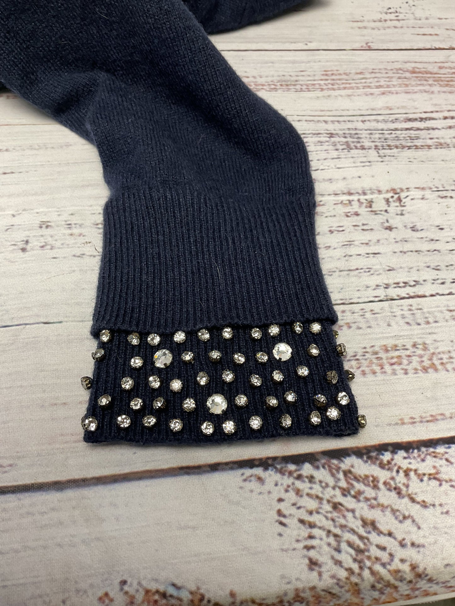 Autumn Cashmere Blue Knit Rhinestone Jeweled Cuff Crew Neck Sweater Size L