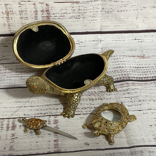 BOMBAY Brass & Rhinestone Turtle Trinket Box w/ Magnifying Glass & Letter Opener