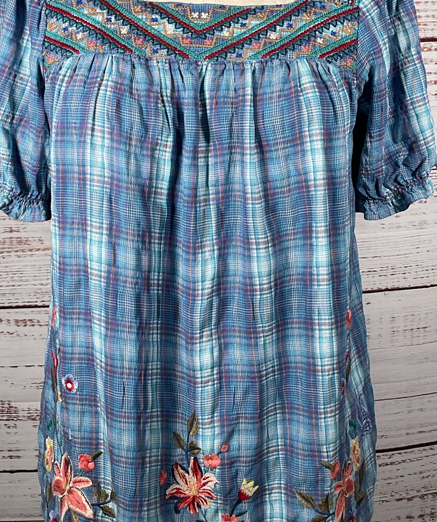 Johnny Was Aimee Puff Sleeve Floral Embroidered Top Blue S