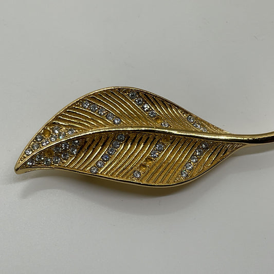 VTG. 60'S CHRISTIAN DIOR Gold Tone Rhinestone Leaf 4.25" Brooch- MISSING STONES