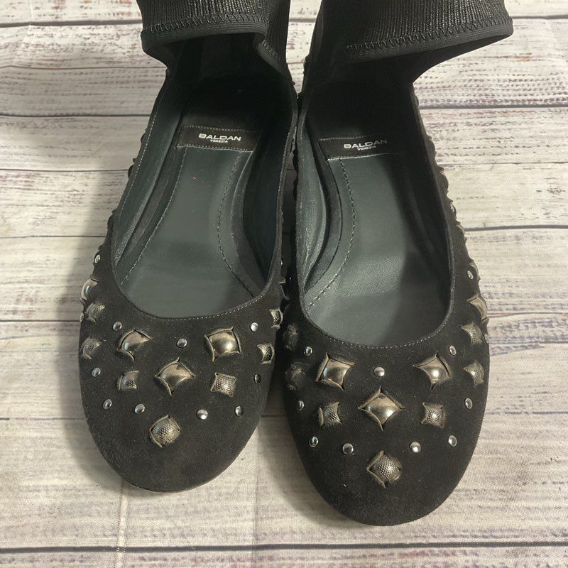 Baldan Venezia Black Studded Suede Flats w/ Zip Up Ankle Strap Women's 8.5 US