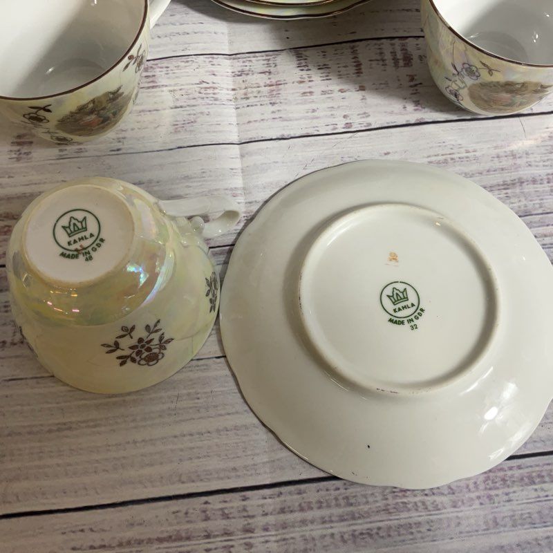 VTG. KAHLA Madonna Iridescent Cups And Saucers- SET OF 5