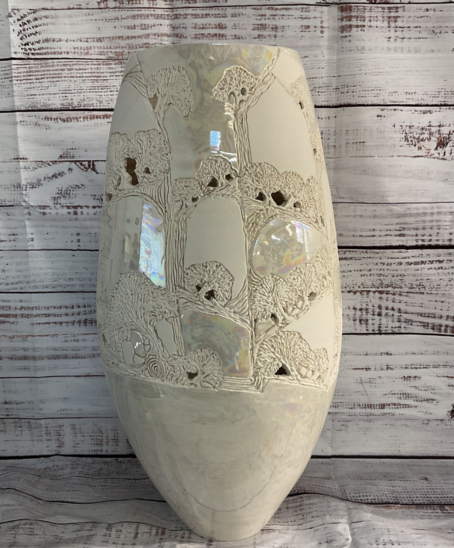 Tim & Erica Peters Lusterware Tree Carved Decorative Vase White Iridescent
