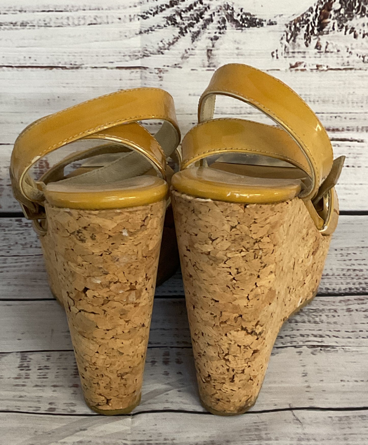 Jimmy Choo Patent Leather Strappy Cork Wedge Sandals Beige 8