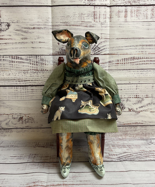 Vintage Hand Made Anthropomorphic Dog Doll W/ Chair Accessory