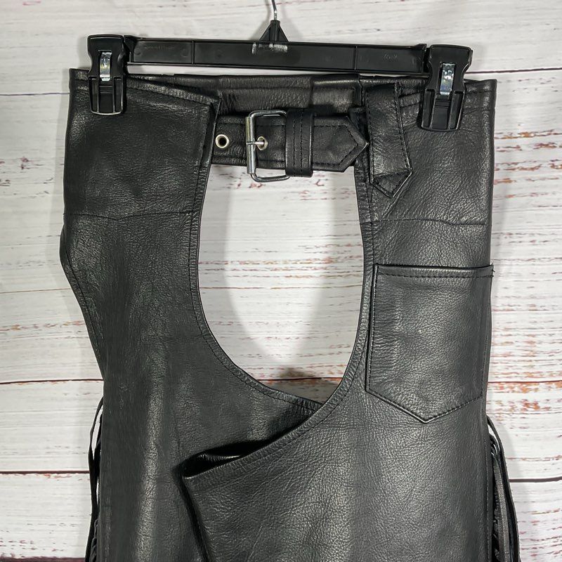 VTG. Route 66 Black Leather Tasseled Motorcycle Chaps Pants - Size XS