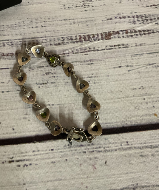 Sterling Silver Marcasite Heart Link Bracelet with Stones (Missing One Stone)