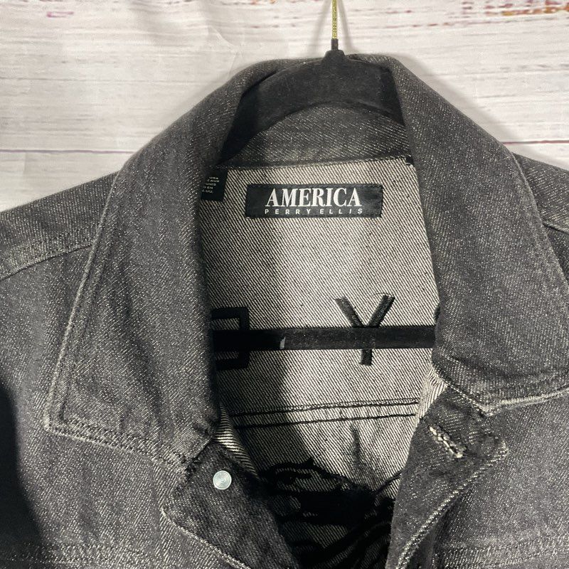 America by Perry Ellis Black on Black Embroidered Back Logo Denim Jacket Size M
