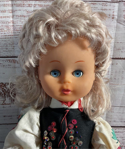 Vintage Polish Doll Colorful Embroidered Skirt And Top Blue Eyes 19"