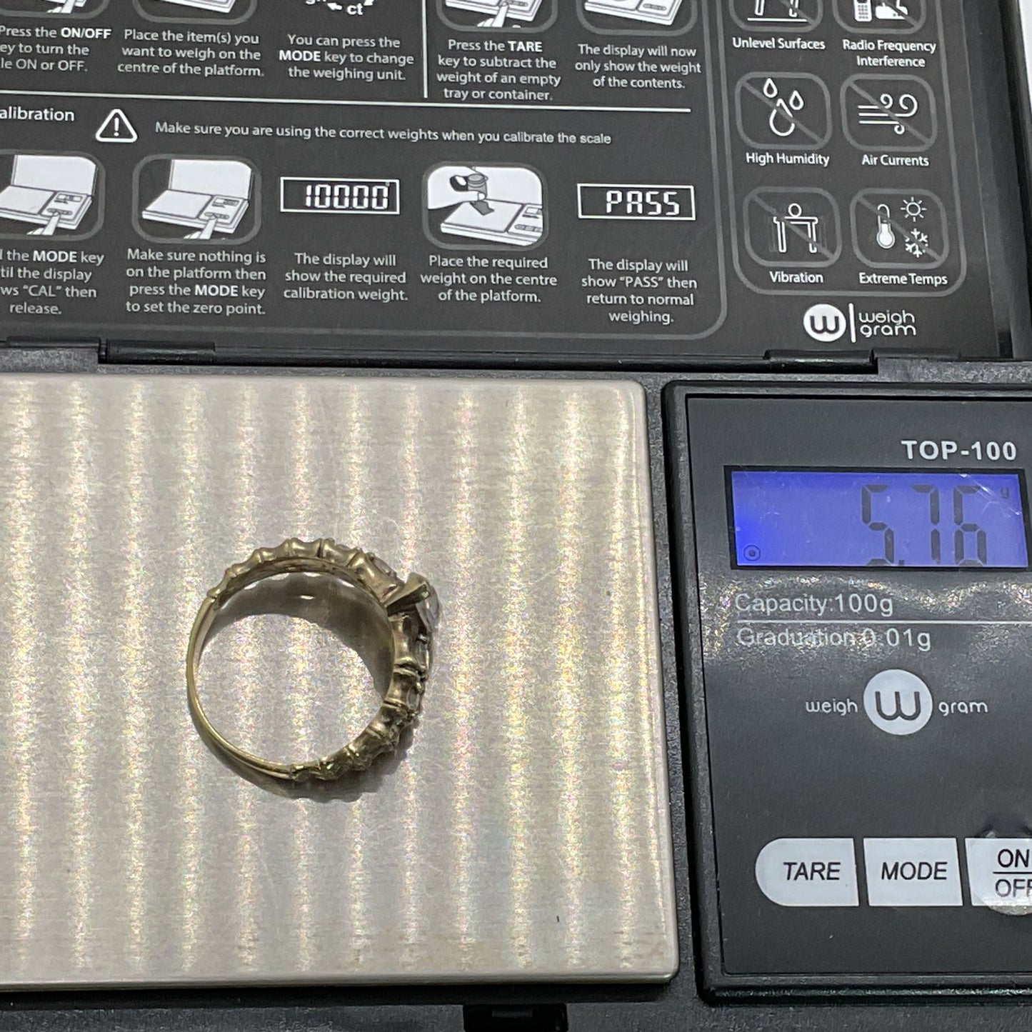 VTG. Sterling Silver Vermeil & Rhinestone SZ 10 Ring- 5.76g
