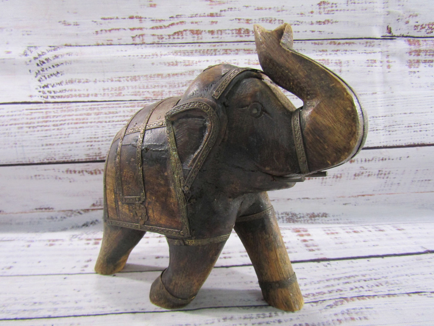 Vintage Handcrafted Wood Carved Brass Accent Elephant Figurine