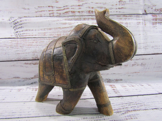 Vintage Handcrafted Wood Carved Brass Accent Elephant Figurine