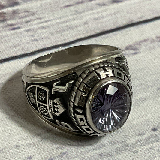 JOSTENS LTM Silver Tone & 10mm Lavender Sapphire Gorman Bishop Class Ring SZ 8.5