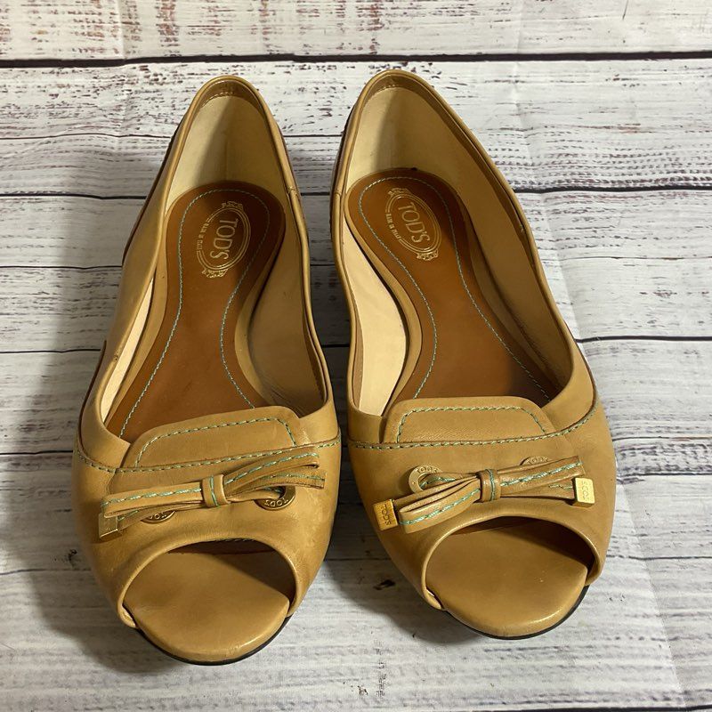 TOD'S Women's Tan Peep Toe Bow Flat Shoes-SZ 36.5
