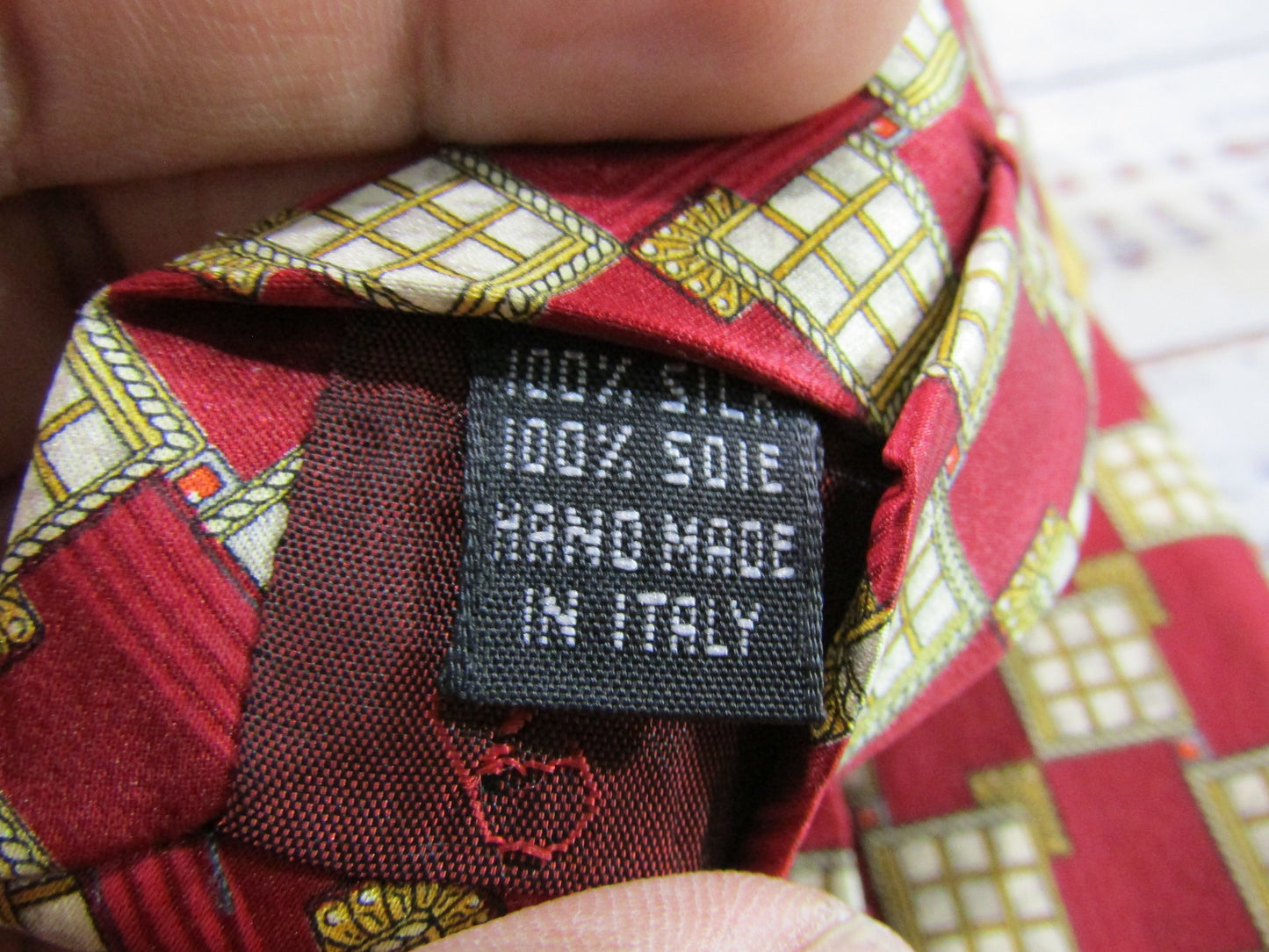 Vintage Valentino Red Silk Geometric Square Print Tie Made in Italy
