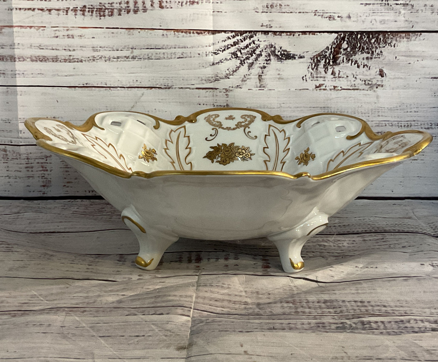 Reichenbach Pierced Lattice Gold Flowers Porcelain Footed Centerpiece Bowl White