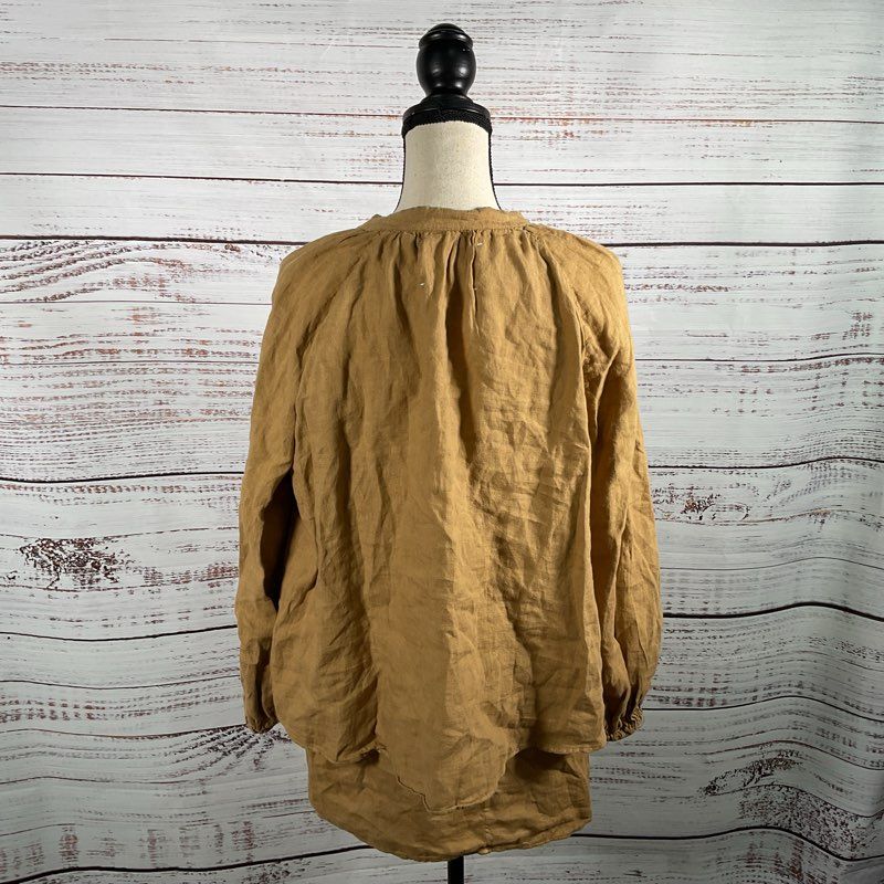 Manebi Brown Linen Fortaleza Mini Wrap Skirt Flowy Blouse Top Set sz 8 US/38 EU