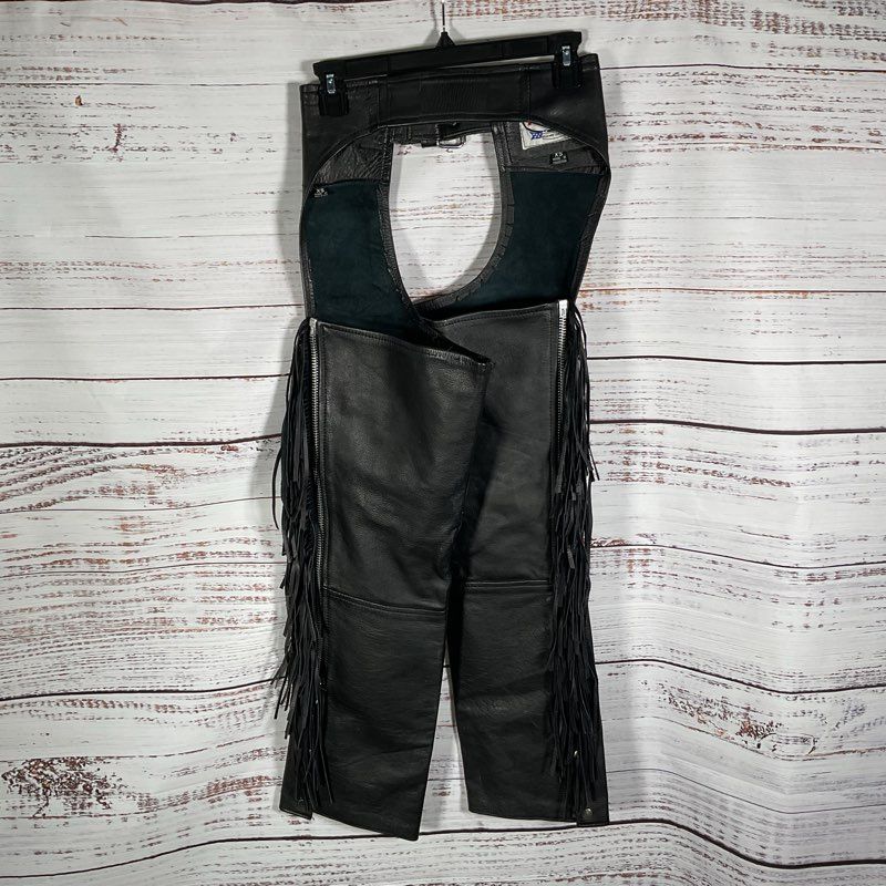 VTG. Route 66 Black Leather Tasseled Motorcycle Chaps Pants - Size XS