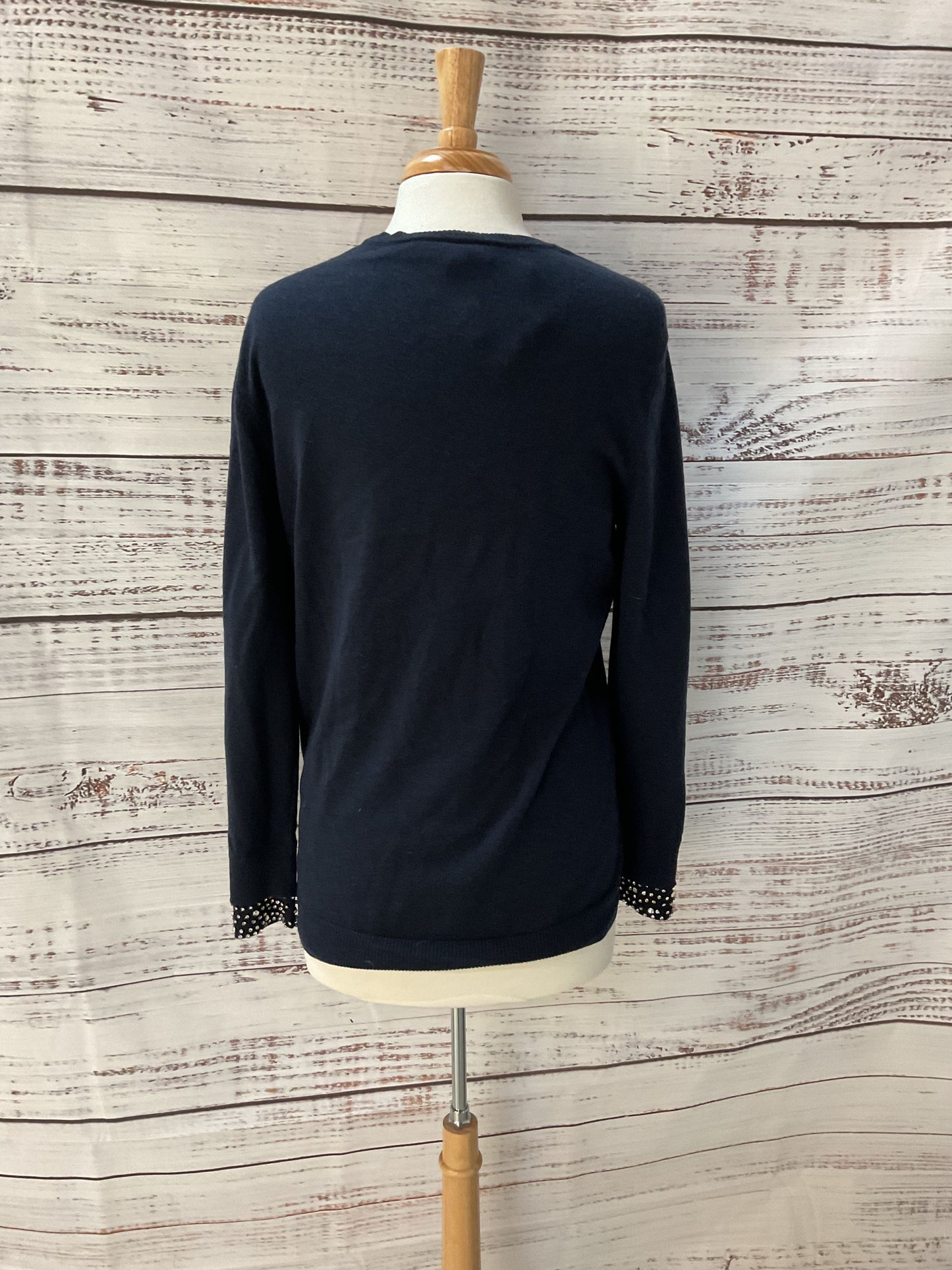 Autumn Cashmere Blue Knit Rhinestone Jeweled Cuff Crew Neck Sweater Size L