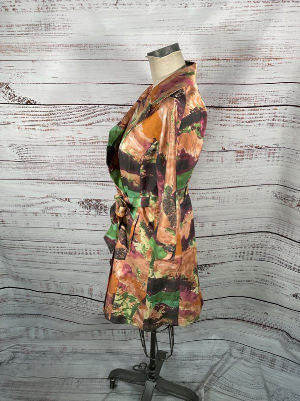 Women's Vertigo Paris Multicolor Landscape Print Double Breasted Trench Coat M