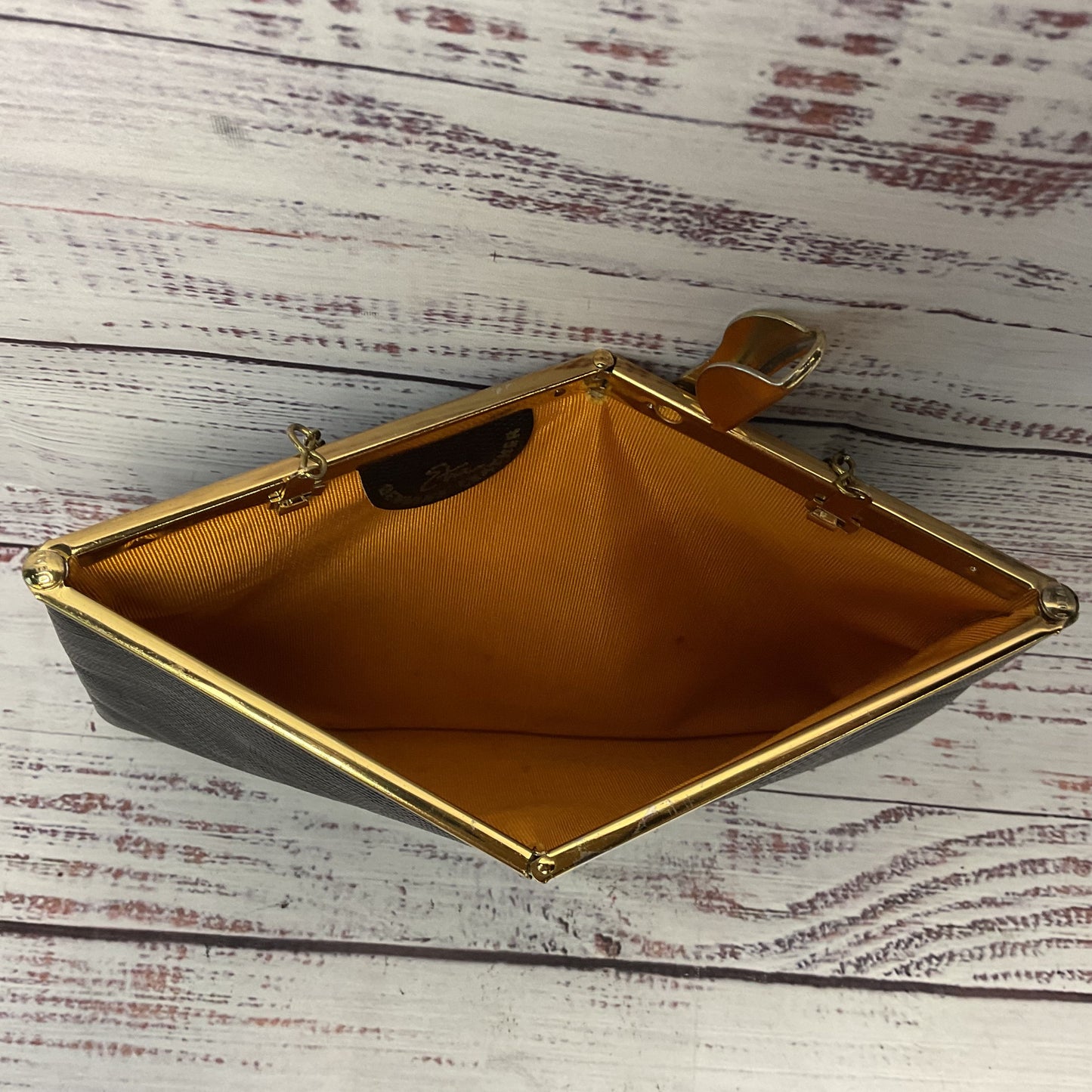 Etra Black Embossed Leather Folding Hinge Opening Clutch Gold Chain