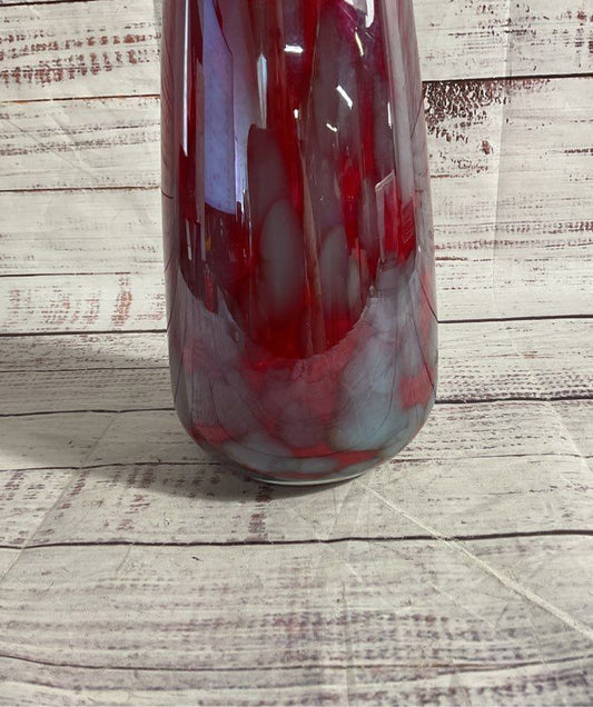 Vintage Murano Art Style Grey & Red Hand Blown Long Vase 15.5"
